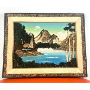Vintage 1960s artwork, mix media organic 3D painting, bark moss landscape
